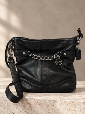 Coach Black Leather Shoulder Bag with Silver Chain Accent EUC